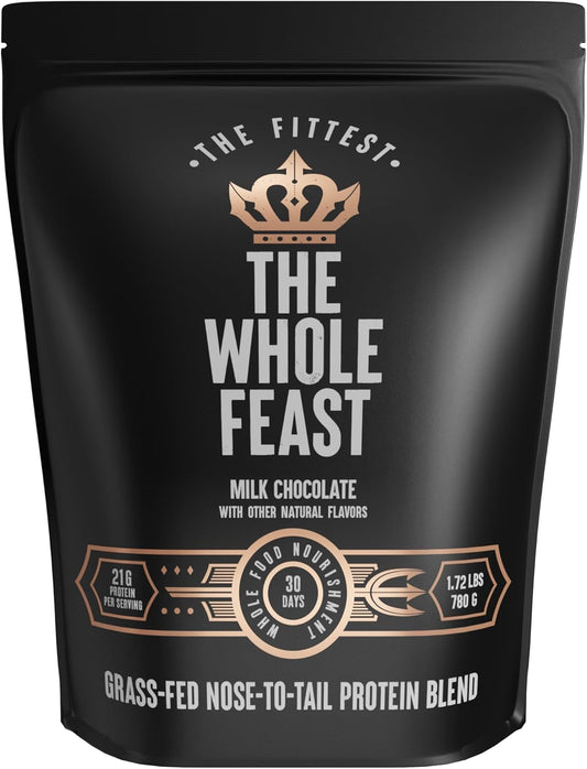 The Fittest Whole Feast Beef Protein Powder - Milk Chocolate - Grass Fed Nose to Tail Carnivore Blend Including Liver, Colostrum and Whole Bone - BCAAs - 14g Collagen, 21g Total Protein