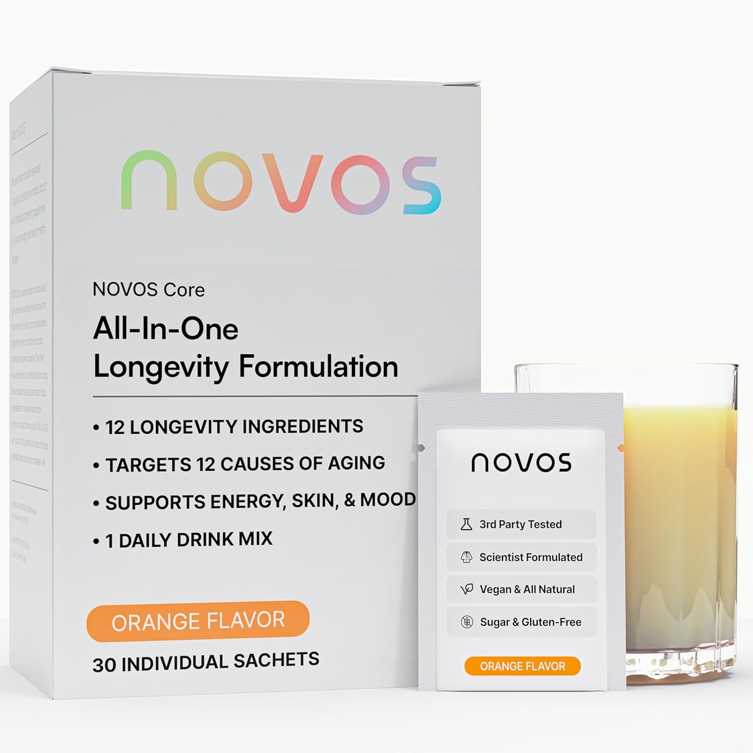NOVOS Core Longevity Mix, Anti-Aging Supplement, Drink Powder Packet Orange Flavor - Skin Support, Energy, Mood, Sleep and Cognition Support - 30 Servings
