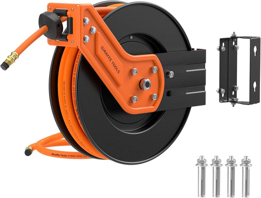 Giraffe Tools TA15 Retractable Air Hose Reel Swivel 3\/8" x 50 ft Hybrid Hose, Max 300 PSI, Ceiling\/Wall Mounted Heavy Duty Industrial Commercial Air Compressor Hose Reel, 50ft, Tangelo