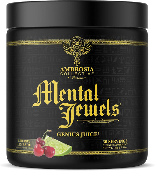 Ambrosia Mental Jewels Powder - Cognitive Enhancer | Increase Memory, Communication Skills, Concentration & Focus | Decrease Reaction Time | Alpha GPC, Choline, BaCognize | 30 Servings| Cherry Limeade