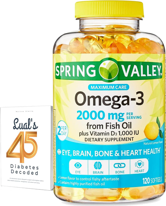 Spring Valley Omega-3 from Fish Oil 2000 mg for Eye Brain Bone & Heart Health Dietary Supplement Softgels, 120 Count, Bundle with Luall's 45 Diabetes Decoded