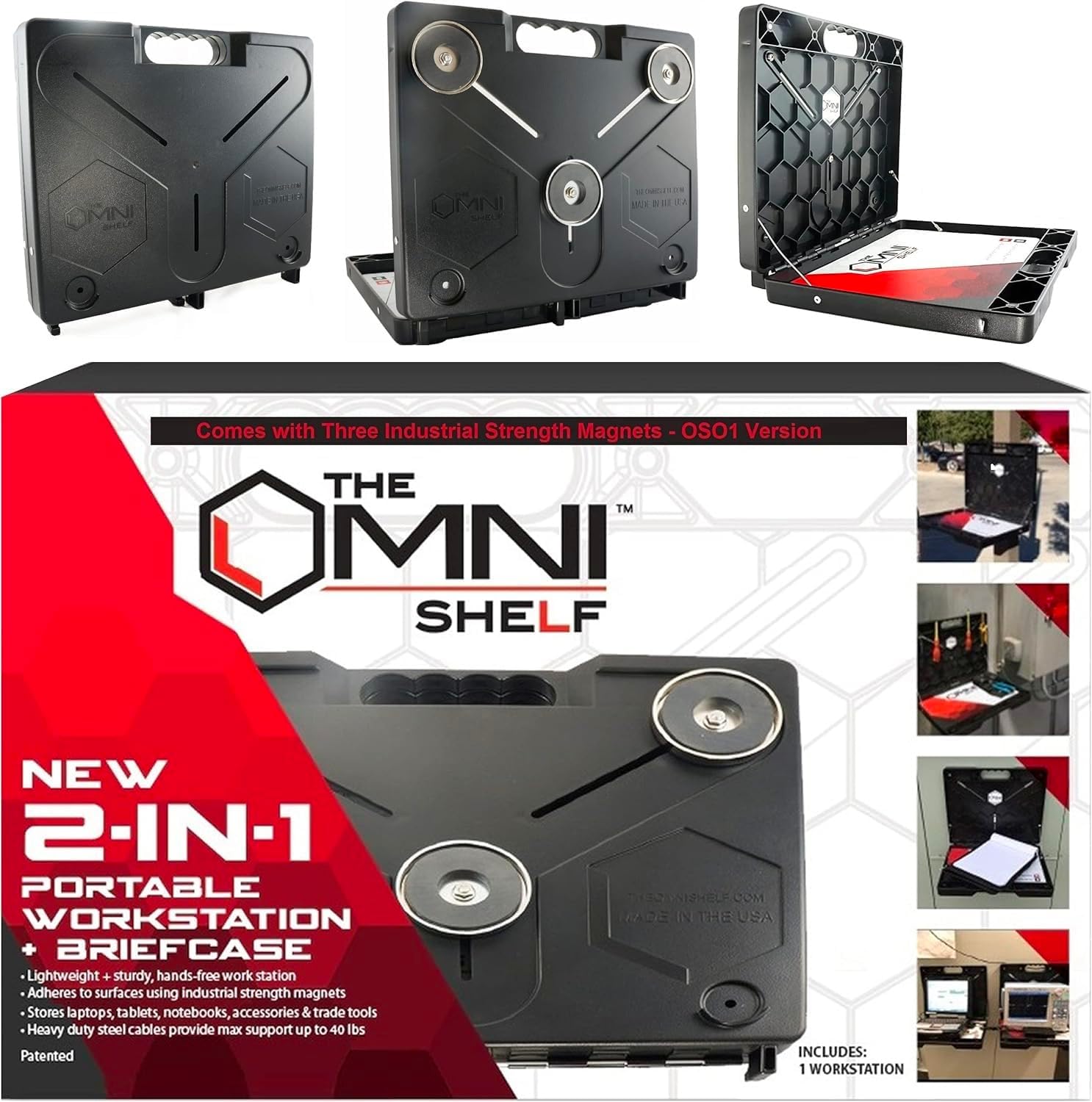 The OmniShelf Portable Workstation, Magnetic Toolbox, Laptop Stand w\/ 50 lb Capacity, Hands Free Workstation, Attach to HVAC, Trucks, Walls, Poles etc. (Model # OSO1 - Magnets)