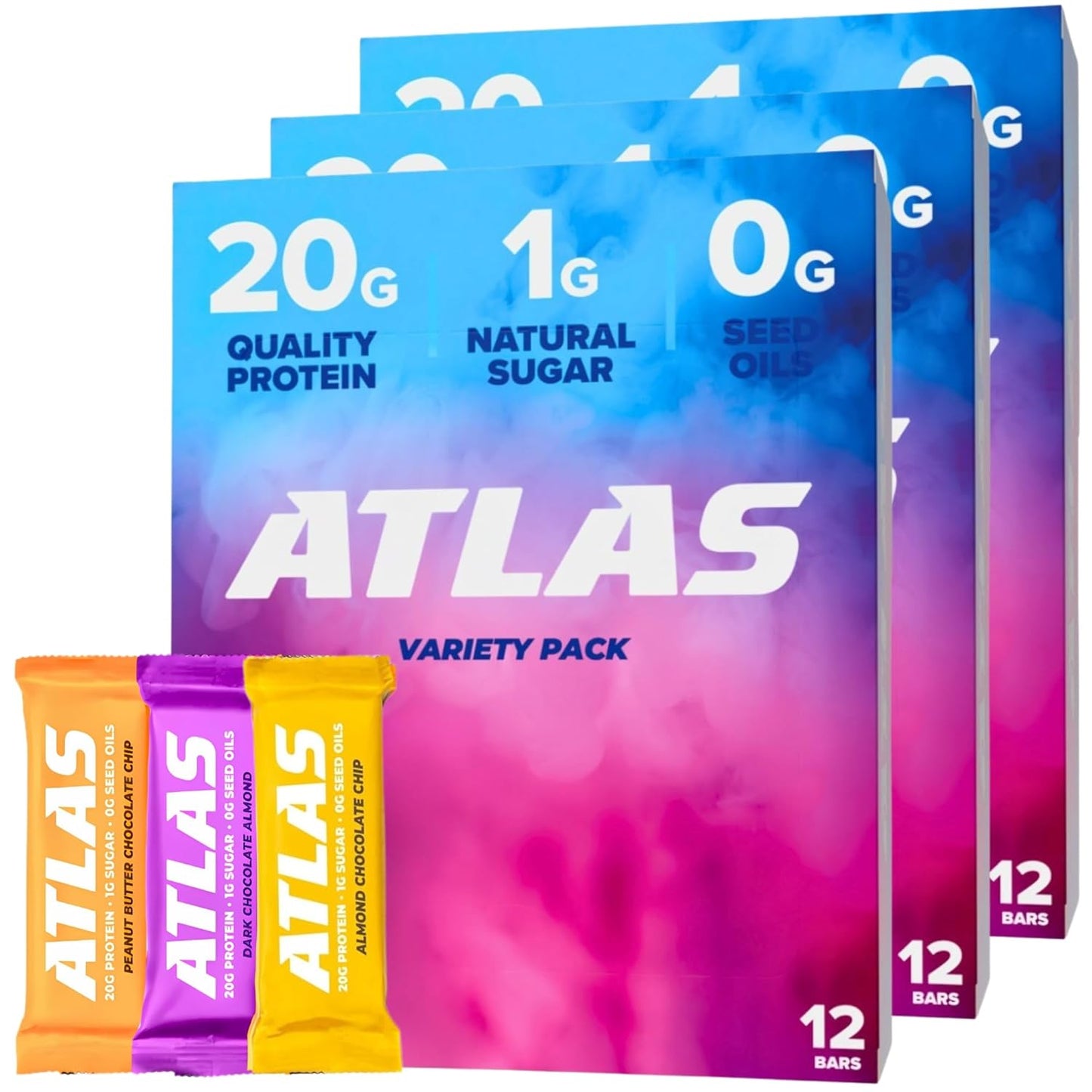 Atlas Protein Bar, 20g Protein, 1g Sugar, Clean Ingredients, Gluten Free Whey Variety, 36 Count