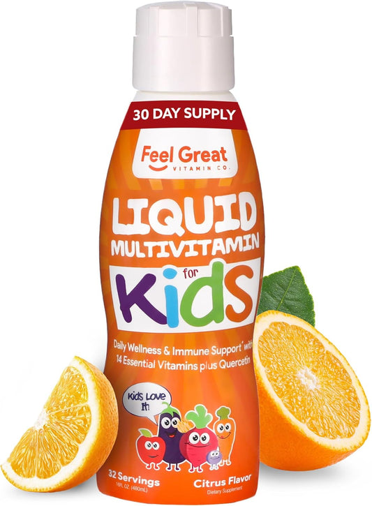 Feel Great Sugar Free Kids Multivitamin \u2013 Liquid Multivitamin | Essential Vitamins for Immune Support | Orange Flavored, Vegetarian Formula | 30 Day Supply