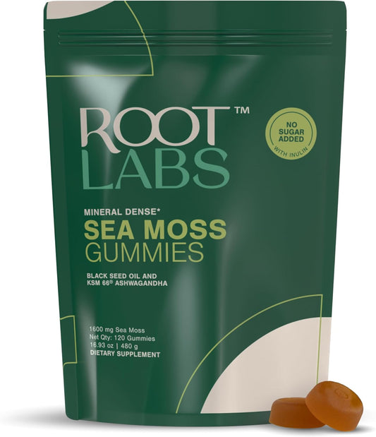 ROOT LABS Sea Moss Gummies I 92+ Minerals I Black Seed Oil I KSM 66 Ashwagandha I Lab Tested I No Added Sugar | for Men, Women I Non-GMO I 100% Natural & Organic I 1600 mg I 120 Gummy