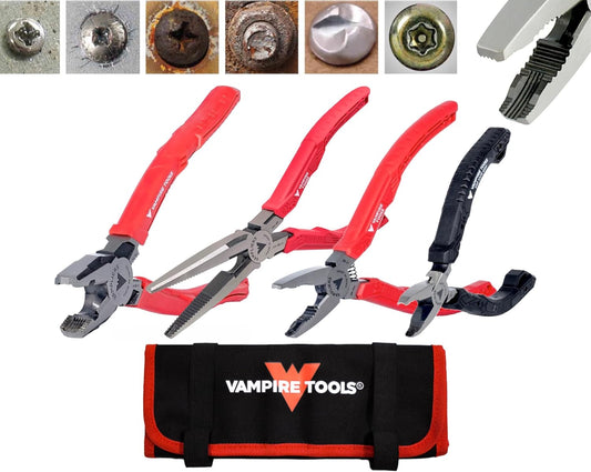 VAMPLIERS 4-PC Screw Extractor Pliers Set Made in Japan: 8" Linesman, 7.5" Long Nose, 6.25" Combination, 5" ESD Safe Mini Plier + Tool Pouch. Remove any Stripped\/Damaged\/Rusted Screws.