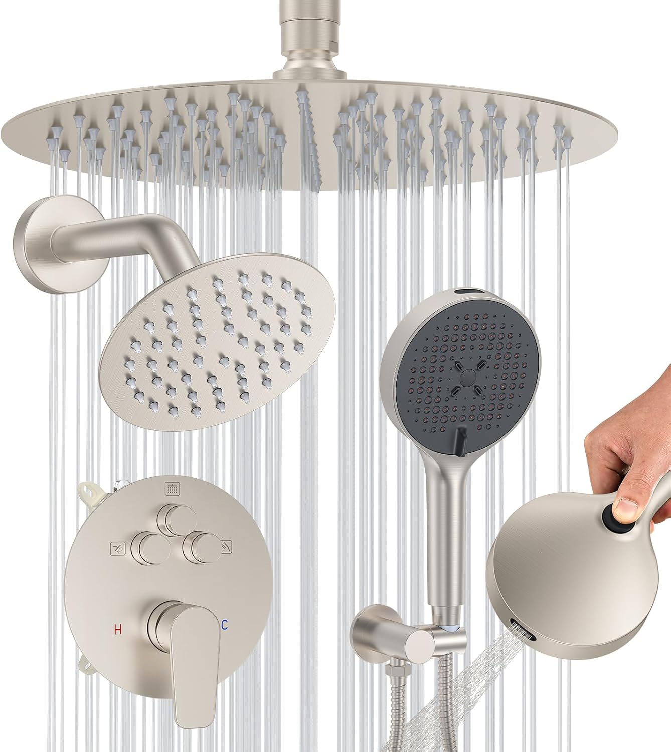 YMHSOLDR Shower Faucet Set Brushed Nickel Shower System, 12 Inch Ceiling Rain Shower Head with Handheld, Polished Nickel High Pressure Shower Fixtures Set (12" Brushed Nickel)