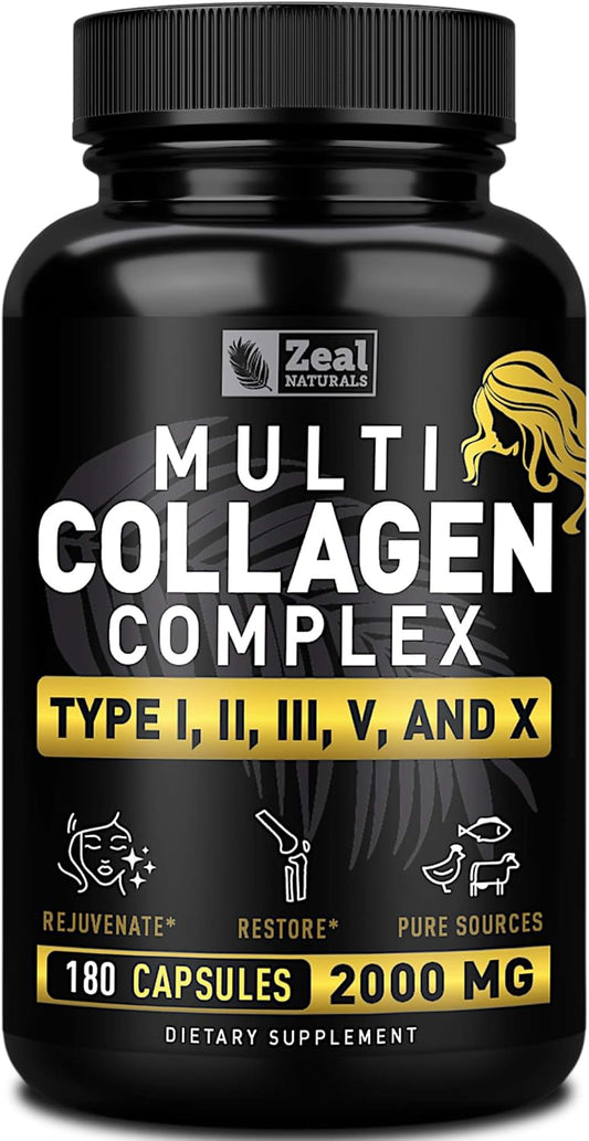 Multi Collagen Peptides Pills (Types Ⅰ,Ⅱ,Ⅲ,Ⅴ,Ⅹ) Grass Fed Collagen Pills (180 Capsules) - Hydrolysate Collagen Protein Blend for Hair, Skin, Nails, and Joint Support - Collagen Pills for Women