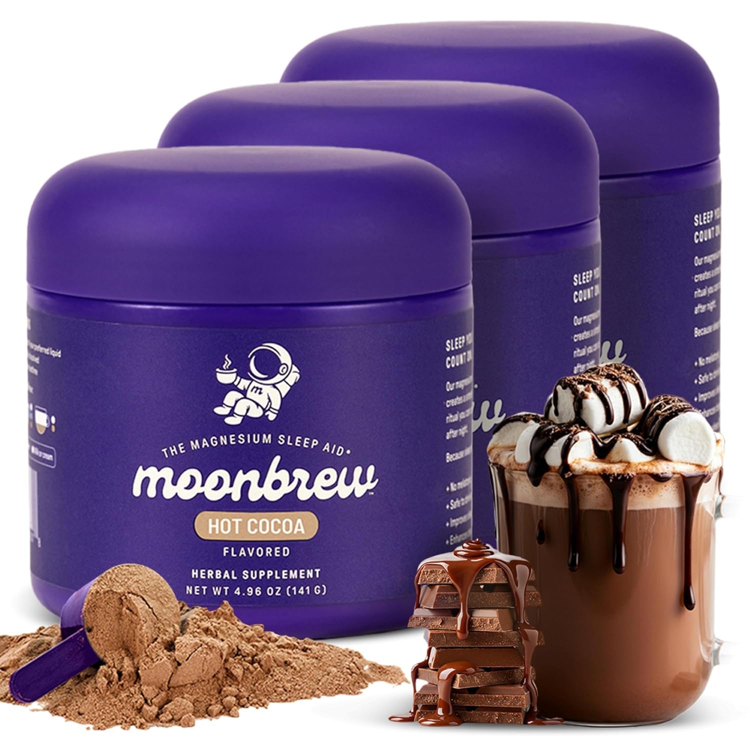 MoonBrew Nighttime Magnesium Hot Cocoa, Natural Sleep Aid Drink Mix for Adults, 3-Pack - Calming Melatonin-Free Sleep Support - Sleepy Hot Chocolate Powder with L-Theanine, Chamomile & Zinc Glycinate