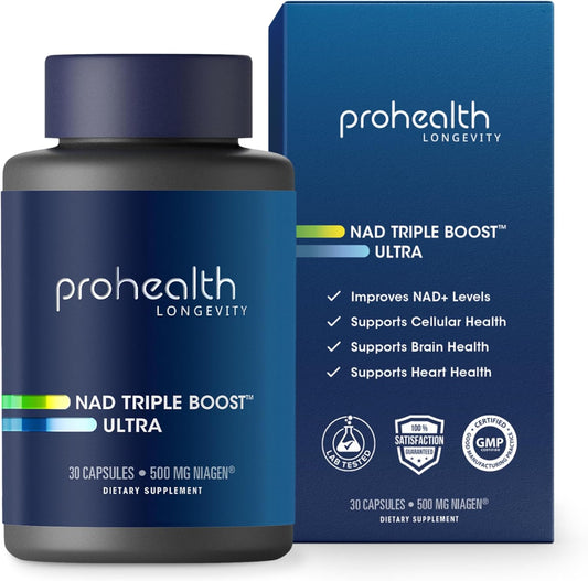 ProHealth NAD Triple Boost Ultra + 500mg Niagen NR. 3X NAD+ Optimizer Plus Apigenin, PQQ, Quercetin. Promotes Longevity, Heart and Brain Health, Activates Sirtuins for Cellular Repair (30 Servings)