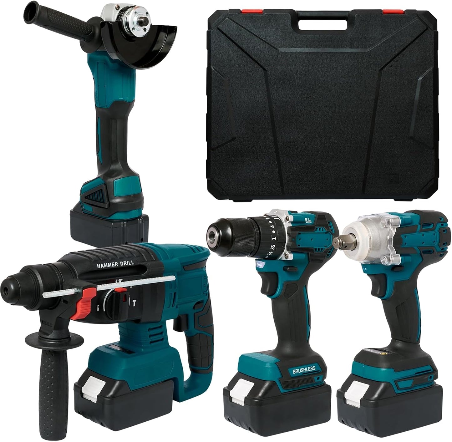 4 Sets Cordless Tools Combo Kit Set SELFIE CAT Drill and Impact Driver Combo High Torque Electric Tools Kit Hammer/Angle Grinder/Impact Wrench/Drill Impact Drill Set With 4 Batteries and 2 Chargers