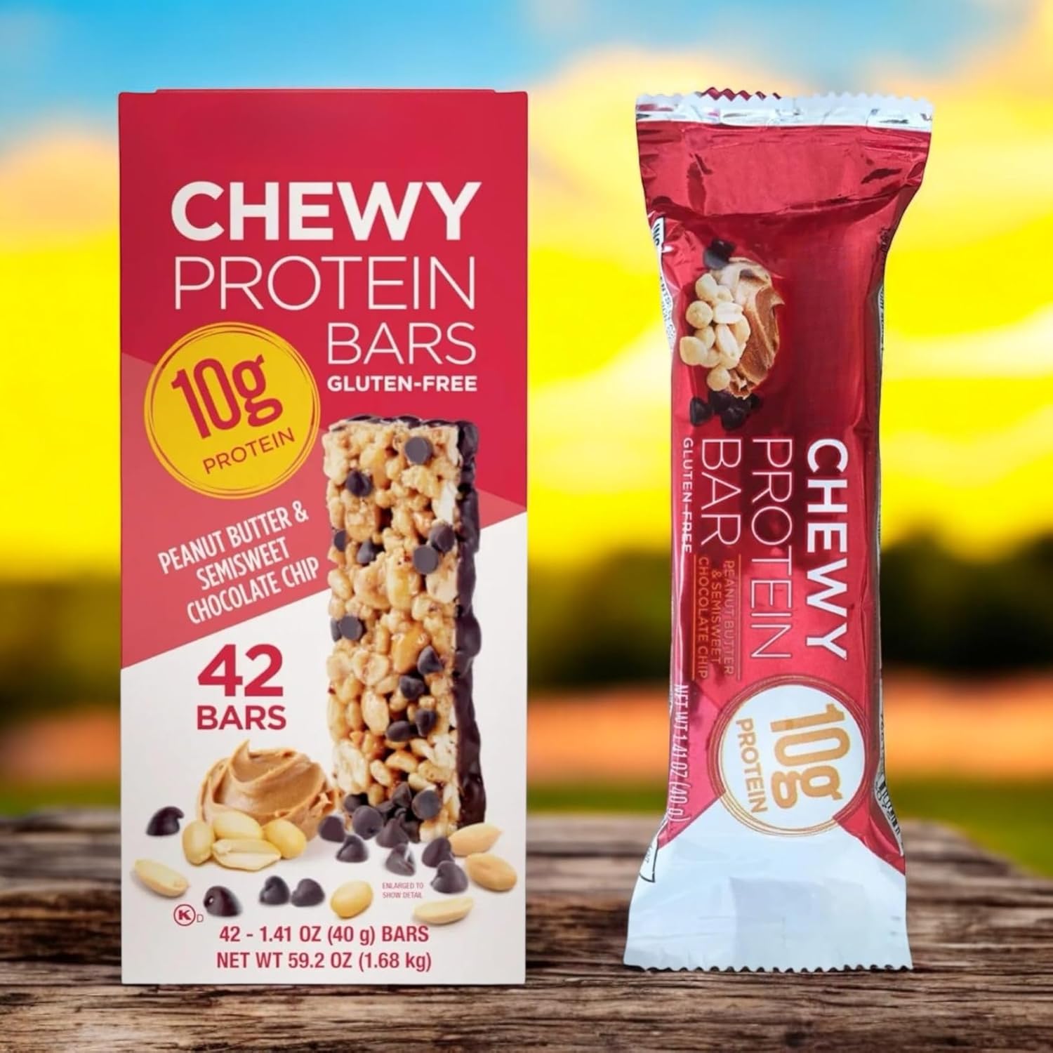 Kirkland Chewy Protein Bars – 42 Pack, 1.41 oz Each – Peanut Butter & Chocolate Chip – Gluten Free & Kosher Snack