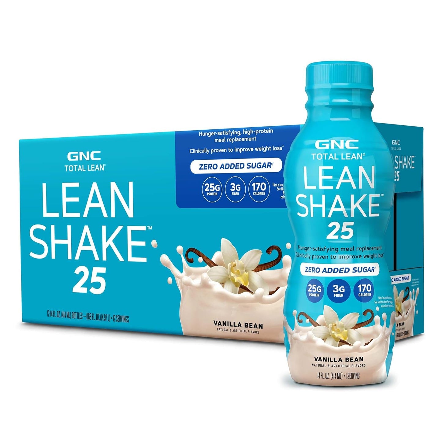 GNC Lean Shake 25 Protein Shake, Clinically Proven Weight Management, Meal Replacement, 25g Protein with Zero Added Sugar, Ready To Drink, Vanilla Bean, Pack of 12