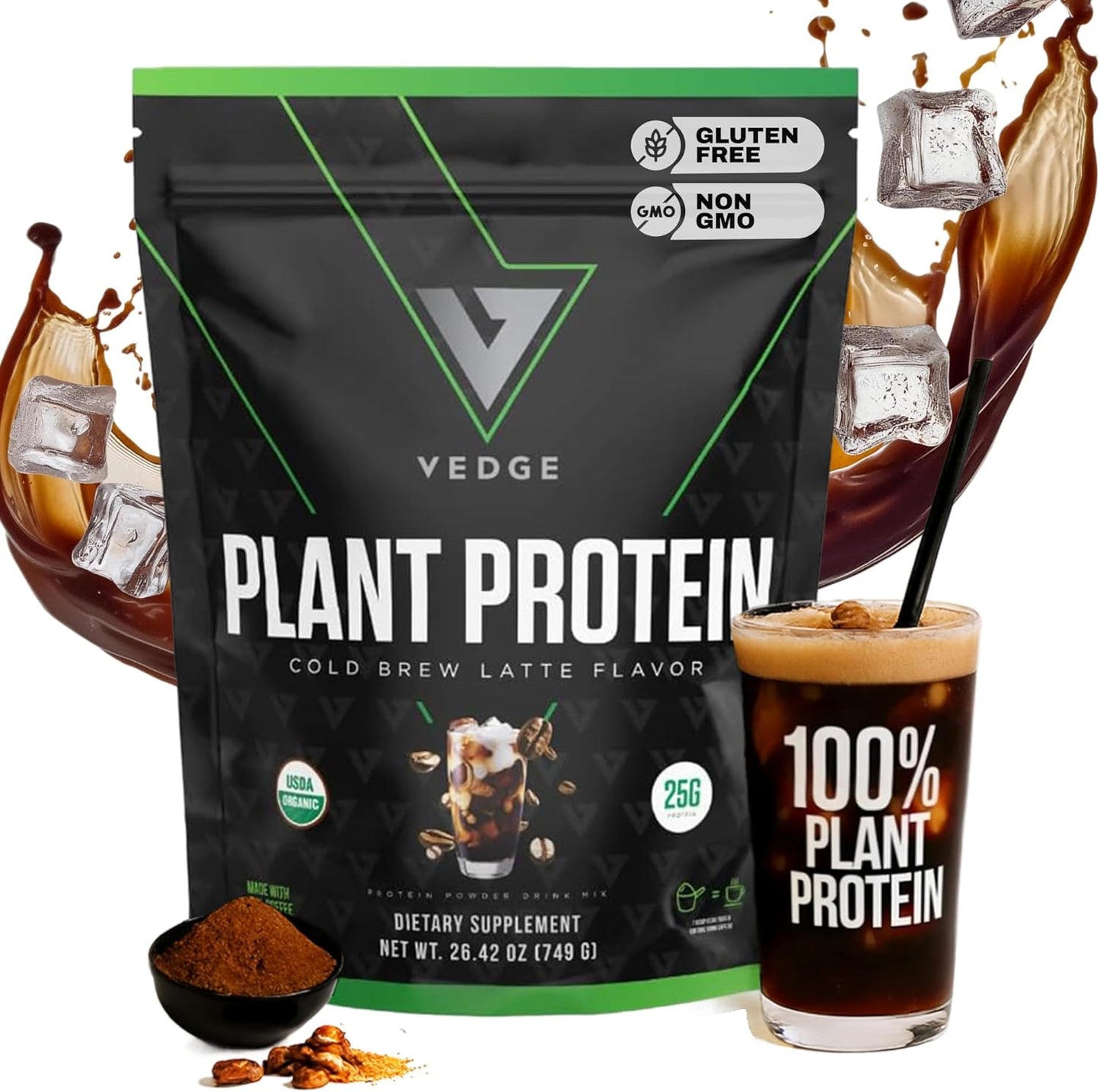 vedge Vegan Protein Powder - Plant Protein Powder with Pea, Pumpkin & Sunflower - USDA Organic, Amino Acids, Dairy Free, Gluten Free, Soy Free, Keto, Non GMO - Cold Brew Latte - 20 Servings