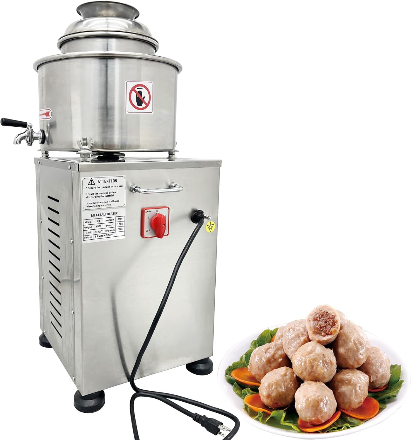 Banfluxion 110V 1.5KW Commercial Meatball Beater, Stainless Steel Meat Puree Making Machine, Electric Food Processor, Meat Grinder, with 7.87inch Inner Cylinder Diameter, for Fish Stuffing