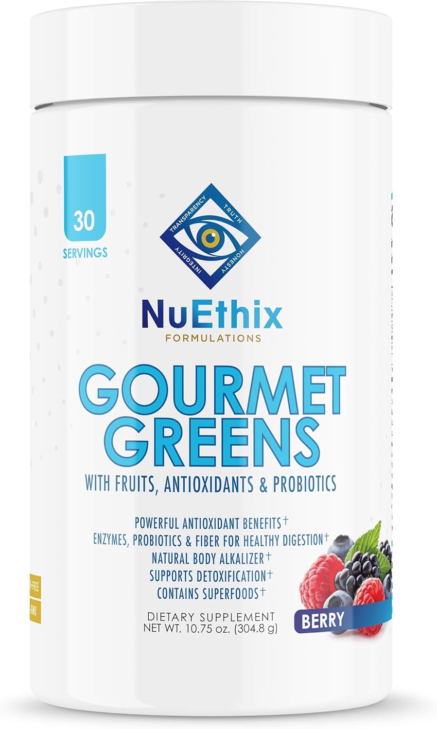 NuEthix Formulations Gourmet Greens Drink Powder Dietary Supplement with Fruit and Vegetable Superfoods and Probiotics, Berry, 30 Servings