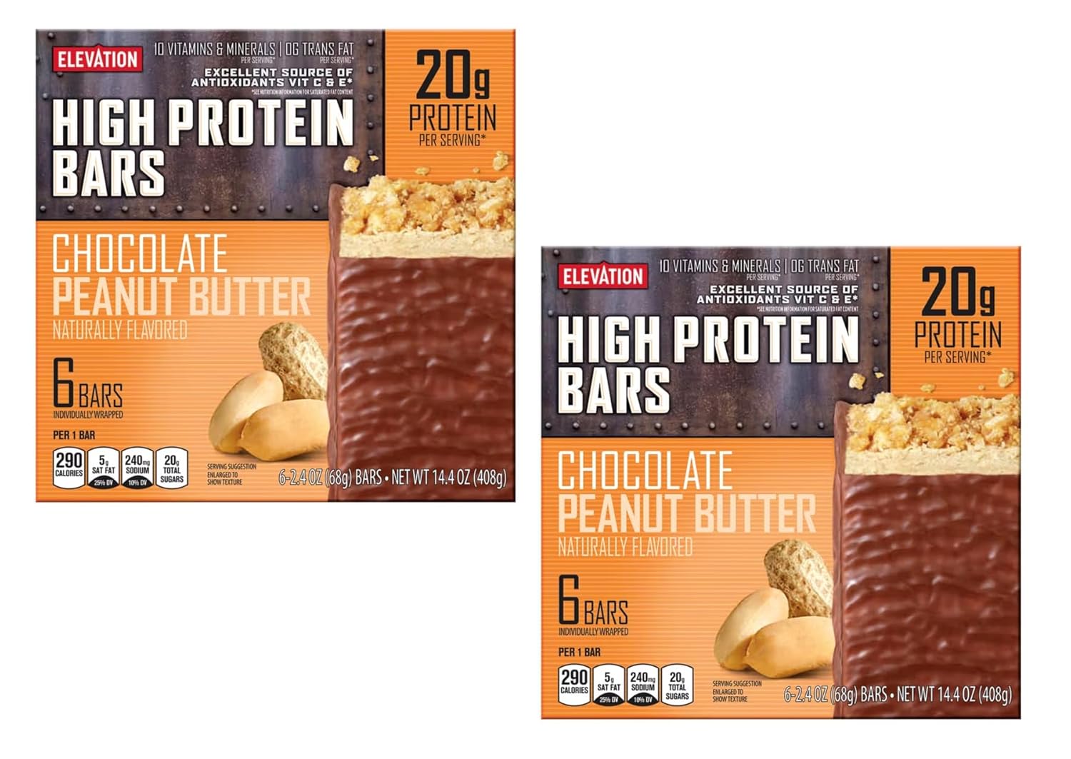 Generic 2-PACK ELEVATION Chocolate Peanut Butter High Max Protein Bars, 6 Bars Per Box, 12 Bars Total 20 GRAMS OF PROTEIN PER BAR. 10 Vitamins and Minerals, Excellent Source of Antioxidants,