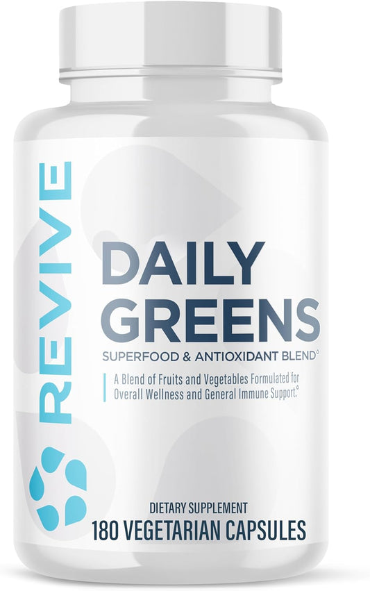 Revive MD Daily Greens Supplement for Men & Women - Superfood & Antioxidant Blend with Digestive Enzymes, Prebiotics & Probiotics for Immune Support, Digestive & Gut Health - 180 Capsules