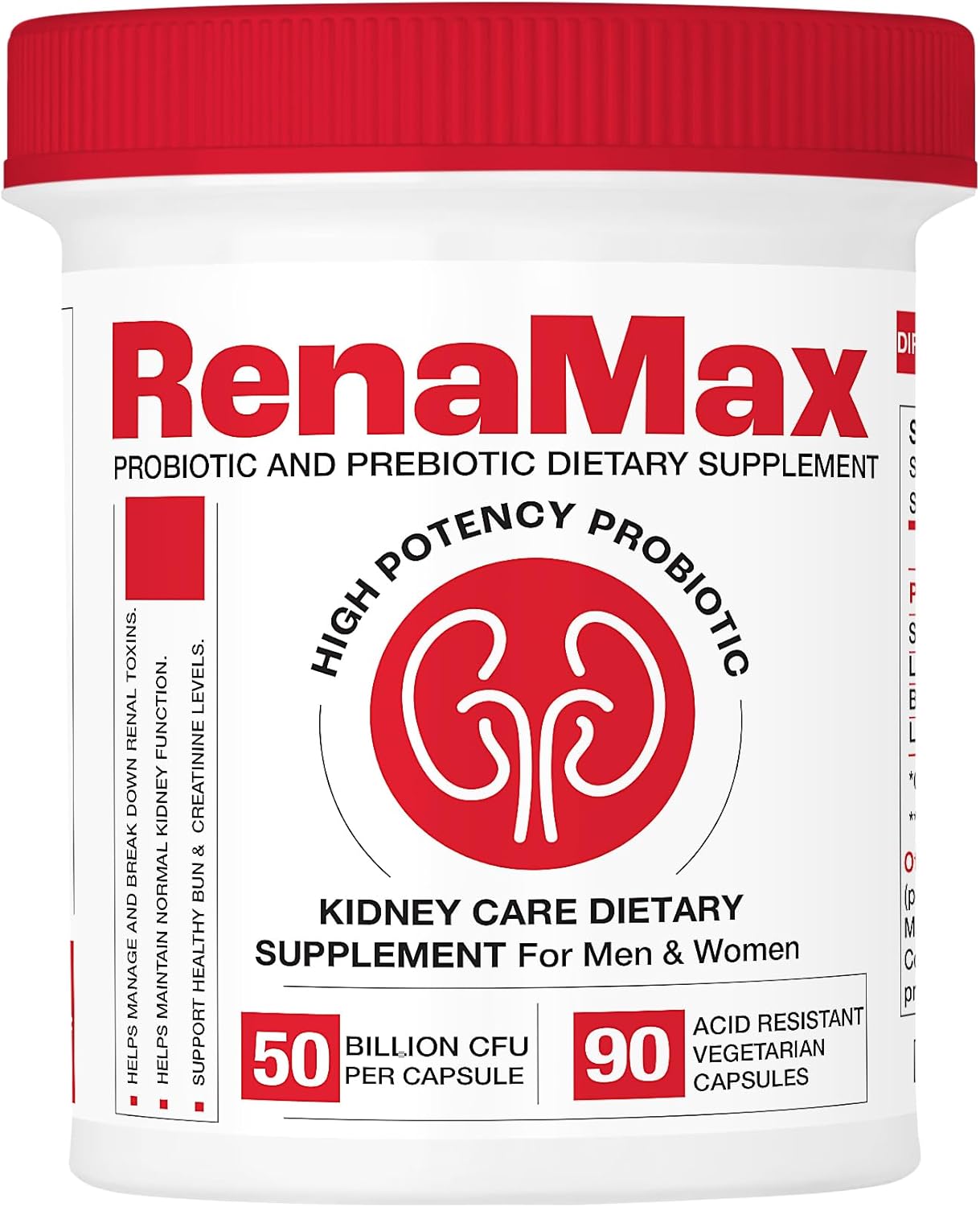 RENAMAX Capsule Kidney Restores & Kidney Care Supplement - Probiotic & Prebiotic Supplement to Support Normal Kidney Function - 50 Billion CFU per Capsule - Made in U.S.A (90 Caps (1 Pack))
