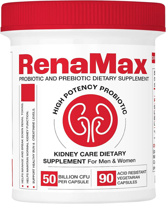 RENAMAX Capsule Kidney Restores & Kidney Care Supplement - Probiotic & Prebiotic Supplement to Support Normal Kidney Function - 50 Billion CFU per Capsule - Made in U.S.A (90 Caps (1 Pack))