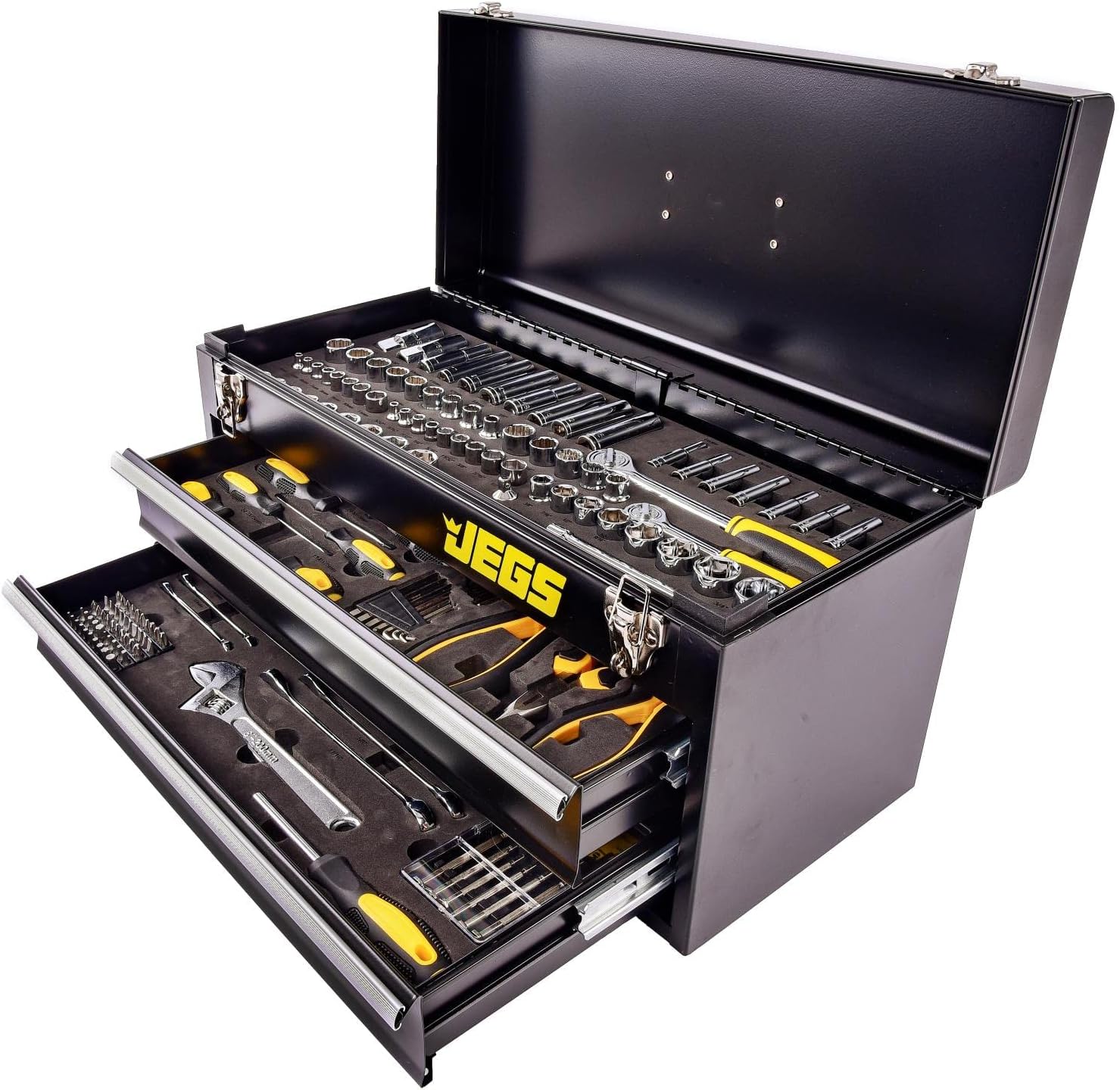 JEGS 170-Piece Mechanic's Tool Set - Includes Black Powder Coated Steel Toolbox, Sockets, Extenders, Ratchets, Wrenches, Screwdrivers, Pliers & Bits
