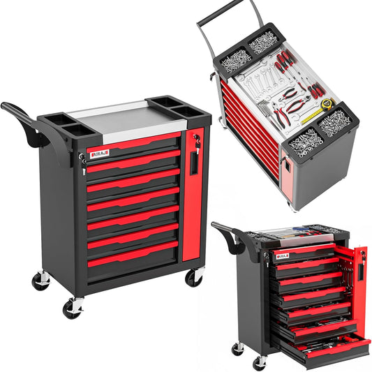 Tool Chest 7-Drawer | Large Capacity Rolling Tool Chest with Wheels/Side Drawer | Drawer Integrated Lockable | Tool Cart/Cabinet for Garage Storage,Workshop | Safety Rounded Corner Anti-collision |Red