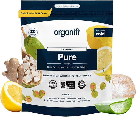 Organifi Pure - Promotes Stimulation in Learning, Memory, Focus, and Clarity - Brain Support with Superfoods - Gluten-Free and Non GMO - Best Served Cold, 30 Servings