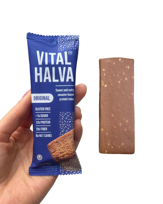Vital Halva - Original - High Fiber Sesame Butter Protein Bar (10 Bars, 65g each), Gluten Free, Low Sugar Snack, 12g Protein, 6 Net Carbs