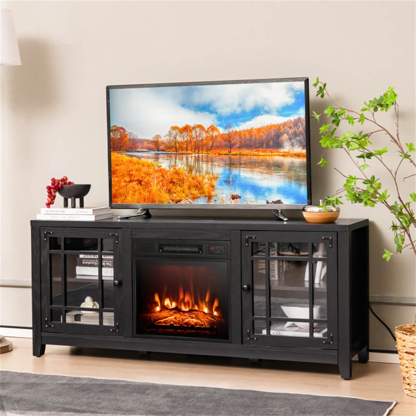 BABOOM 58-in W Black TV Stand with Fan-forced Flat wall Electric Fireplace with Remote Control Included