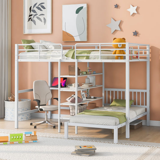 ModernLuxe Full Over Twin Metal Bunk Bed with Builtin Desk Shelves and Ladder White