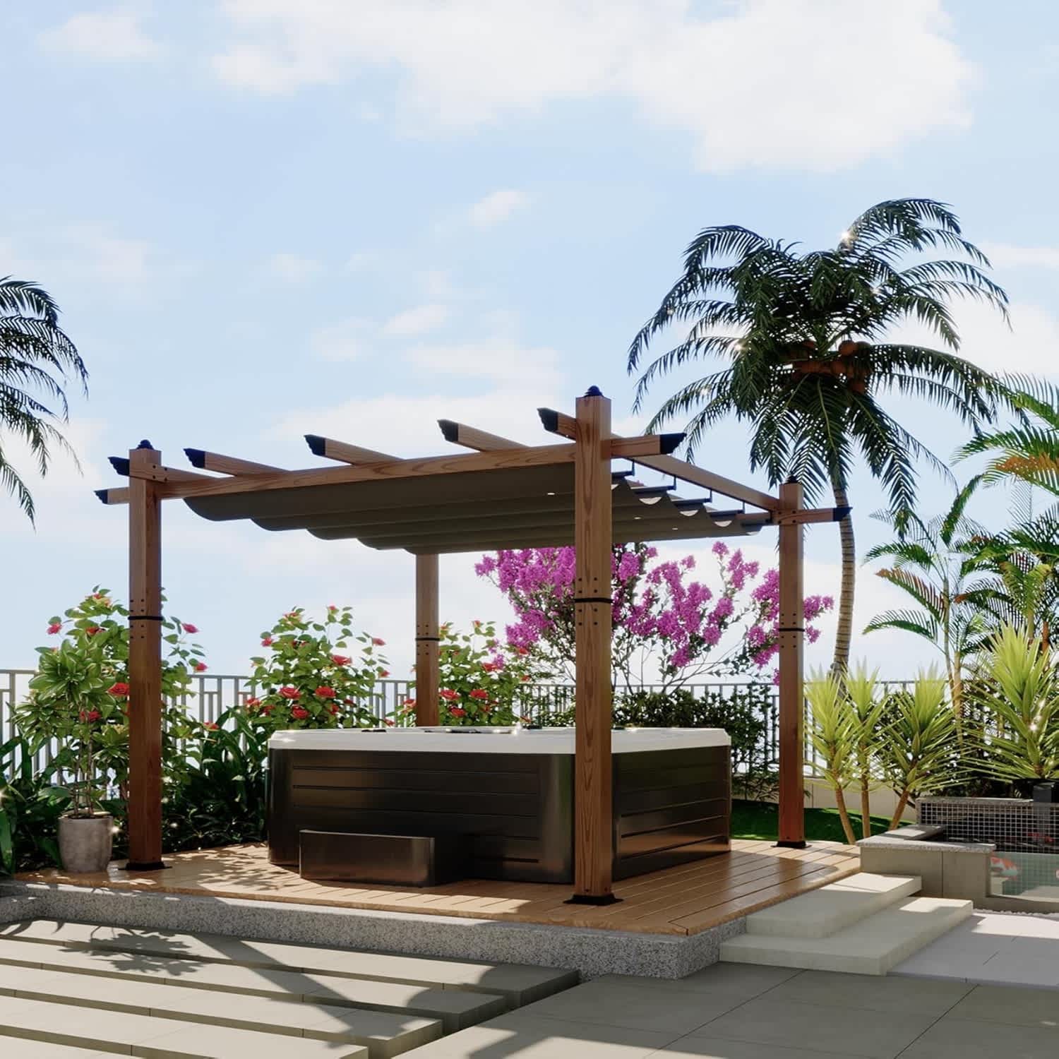 Qeetex 10x10 Ft Outdoor Pergola with Retractable CanopyGrey