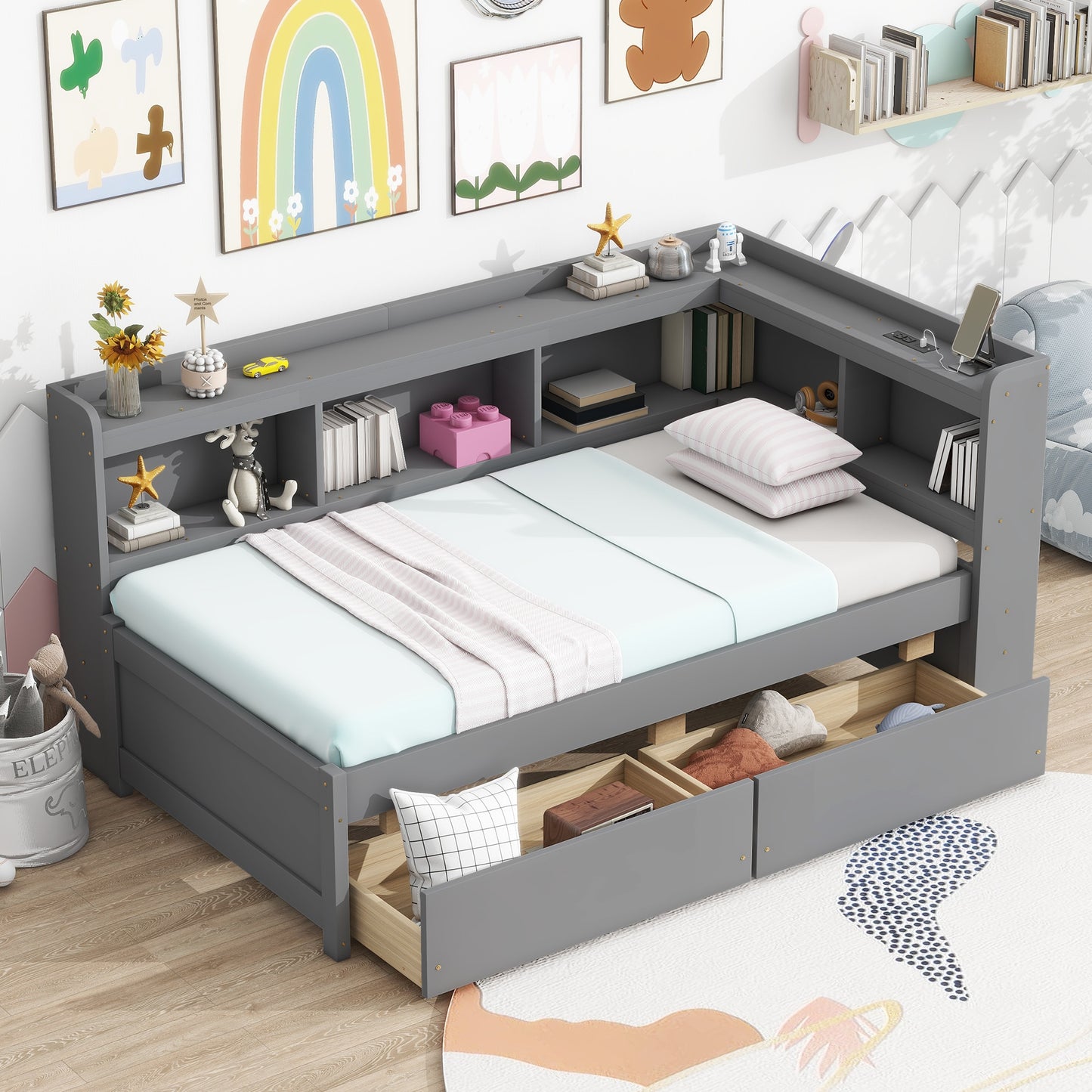 LOVMOR Twin Size L-shaped Bookcases Bed with Power Outlets  USB Charging Ports Two Drawers Grey
