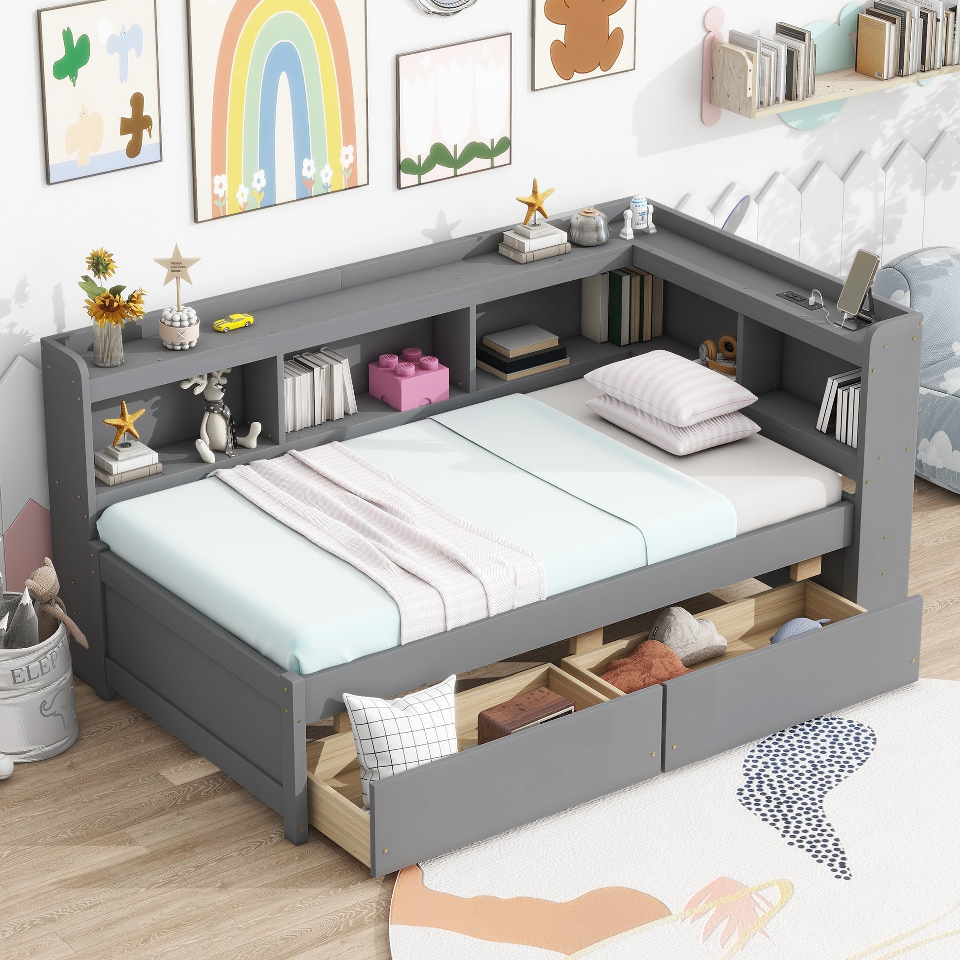 LOVMOR Twin Size L-shaped Bookcases Bed with Power Outlets  USB Charging Ports Two Drawers Grey