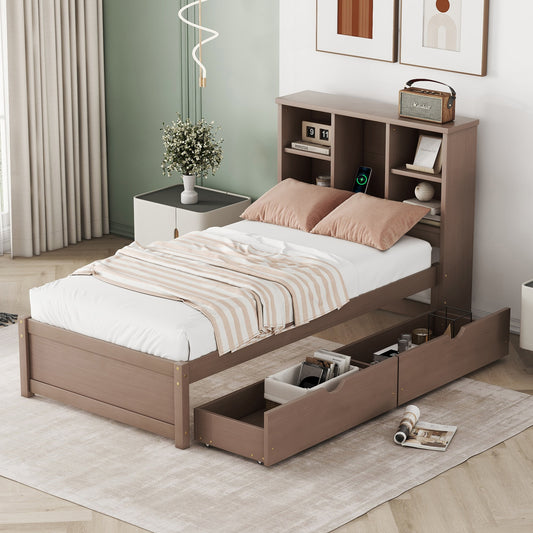 LOVMOR Modern Twin Size Bed Frame With Built-in USB Port on Bookcase Headboard and 2 Drawers for Walnut Color