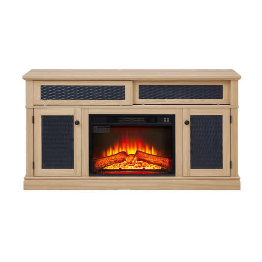 Tatayosi Embossed pattern TV stand with 23 inch fireplace insert TV and media console with open and closed storage space and sliding door for living room bedroom light oak 58.27 inch W by 15.35 inch W by 31.7 inch H