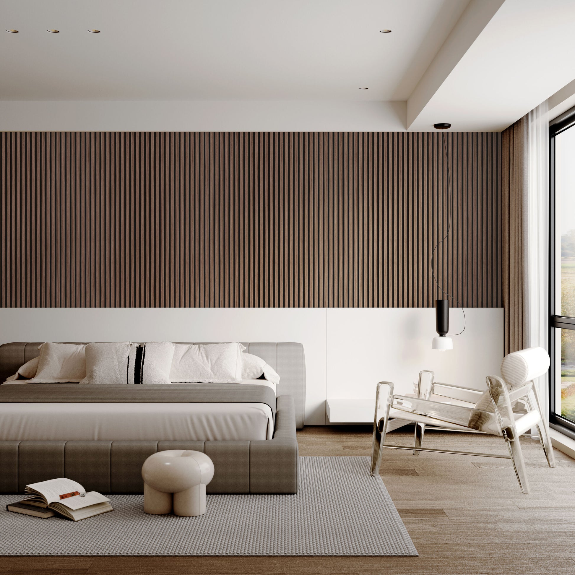 LOVMOR 0.83 in. x 7.87 ft. x 1 ft. Slat Wood Walnut Brown Polyurethane Sound Absorbing Walnut Decorative Wall Paneling 4-Pack