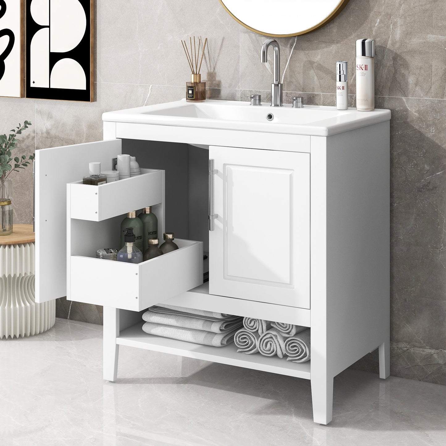ModernLuxe 30inch Bathroom Vanity with Sink Multifunctional Bathroom Cabinet with Doors and Drawers Solid Frame and MDF Board White