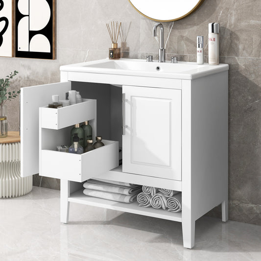 ModernLuxe 30inch Bathroom Vanity with Sink Multifunctional Bathroom Cabinet with Doors and Drawers Solid Frame and MDF Board White