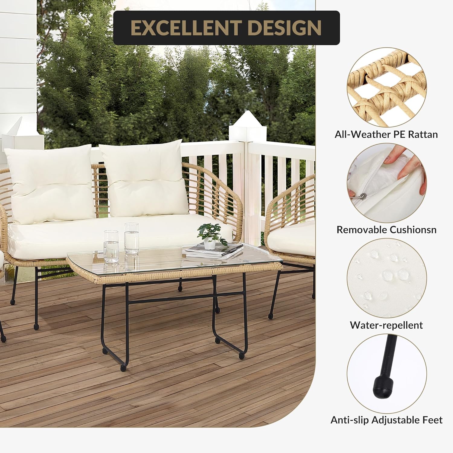 Qeetex Patio Furniture Set Outdoor Couch 4-Piece Outdoor Patio Set with Sofa Boho Rope Wicker Patio Conversation SetFront Porch Furniture with Loveseat Tempered Glass Table for Backyard Garden