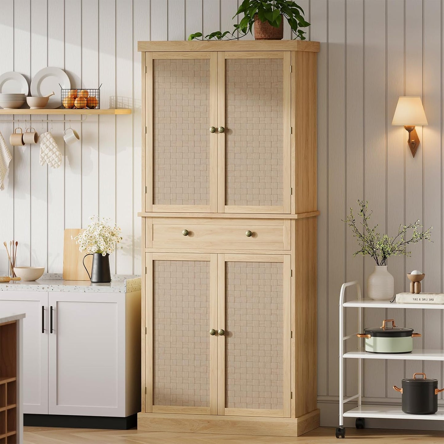 WhizMax 72in Tall Kitchen Pantry  Rattan Doors Pantry Cabinet with 1 Drawer and 4 Adjustable Shelf  Wood Storage Cabinet Cupboard for Kitchen  Dining Room