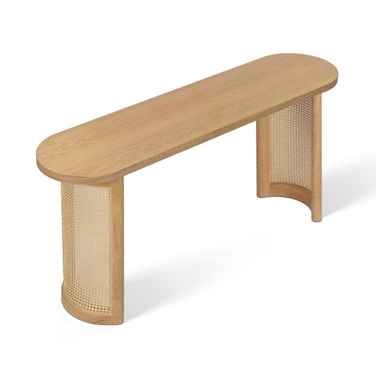 Maison Boucle 60 Inch Oak Oval Console Table with Rattan Pedestal Base for Entryway Living Room or Hallway