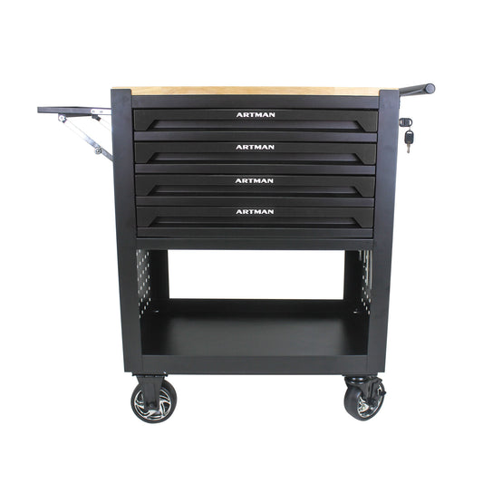 Tatayosi Black 4-Drawer Multifunctional Tool Cart with Wheels and Wooden Top