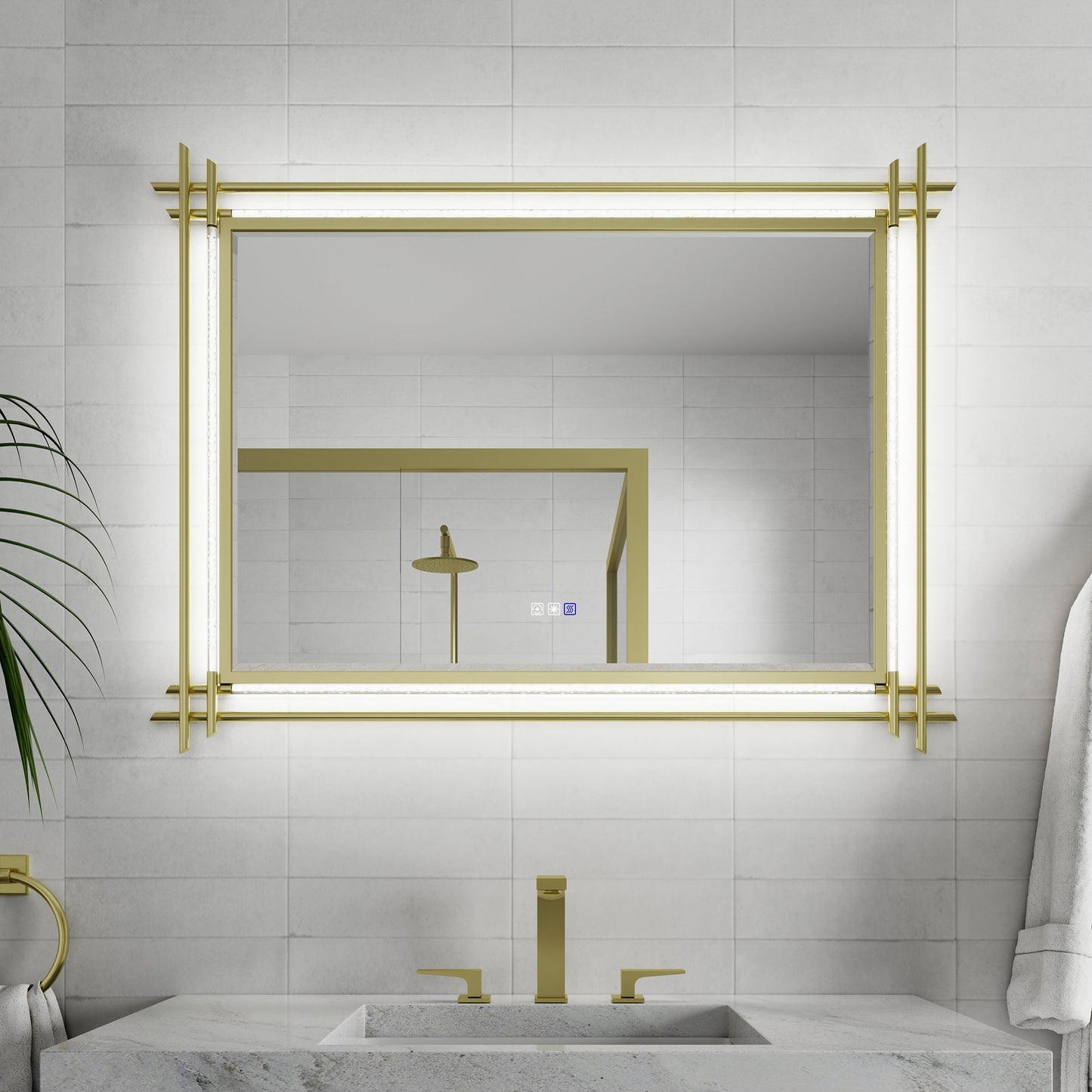 AAZJ V13 Frame LED Mirror 48-in x 36-in Framed Rectangle Dimmable LED Lighted Fog Free Bathroom Vanity Mirror ( Powder-coated gold )