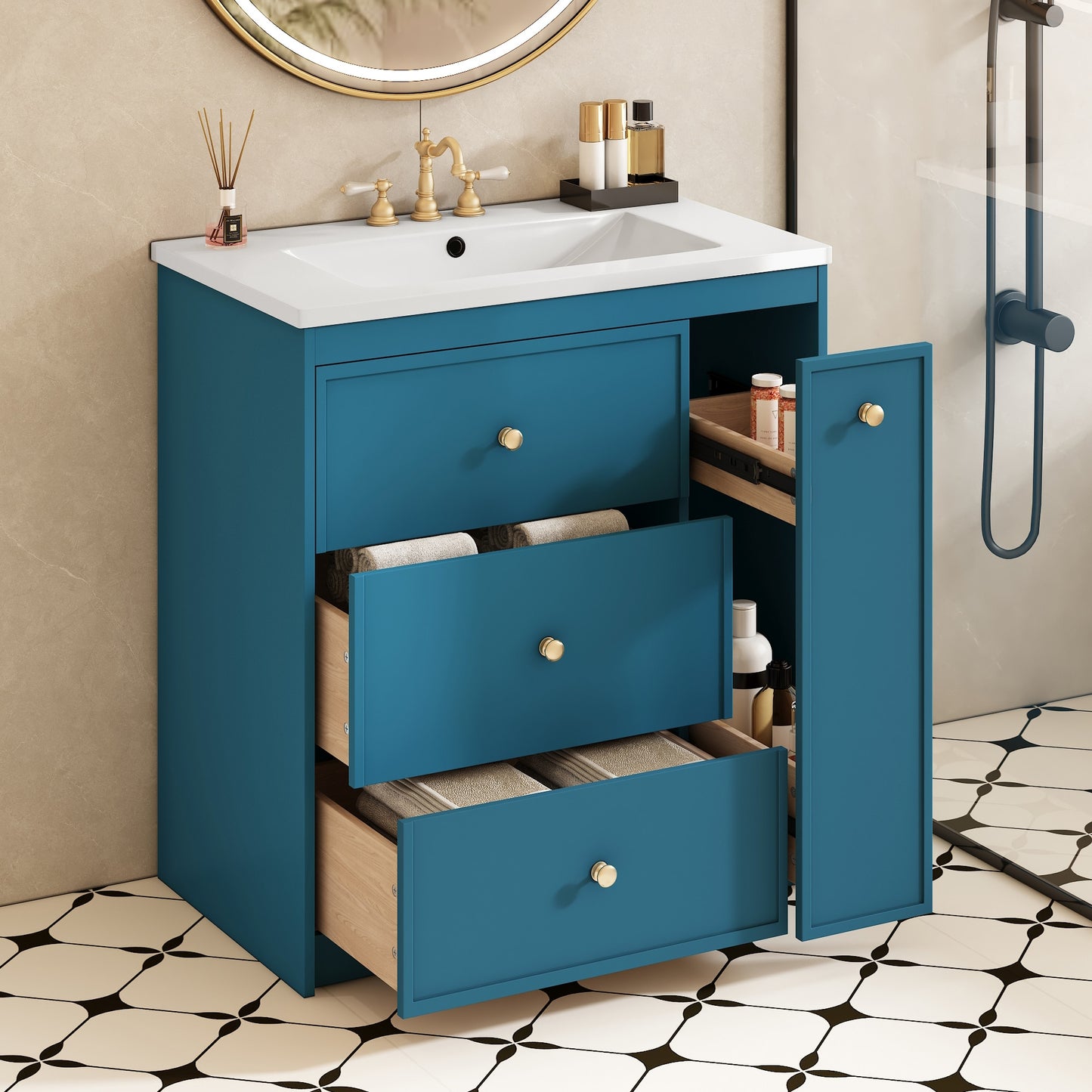Tatayosi 30inch Freestanding Single Bathroom Vanity with Ceramic Sink Combo Four Drawers Modern Storage Cabinet Ideal for Home