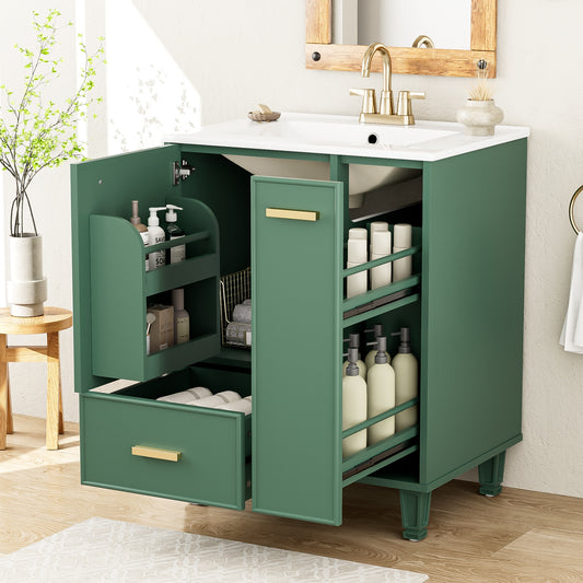 Tatayosi 24inch Green Bathroom Vanity with Sink Bathroom Cabinet with Door Shelf Deep Drawer 2 Tier Pull Out Basket Solid Wood Frame and MDF Board One Package