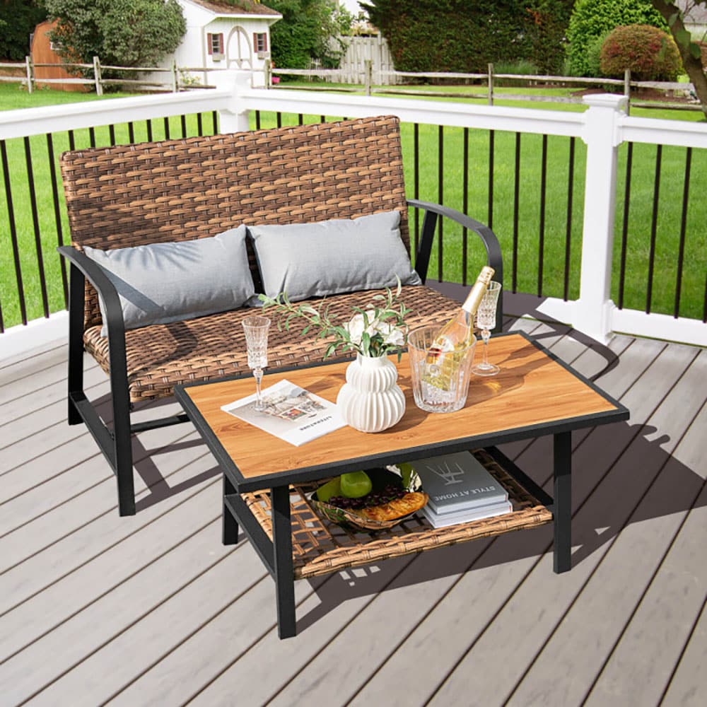 GZMR 2 Pieces Patio Rattan Coffee Table Set 2 -Piece Patio Conversation Set with Brown Mix Brown Cushions
