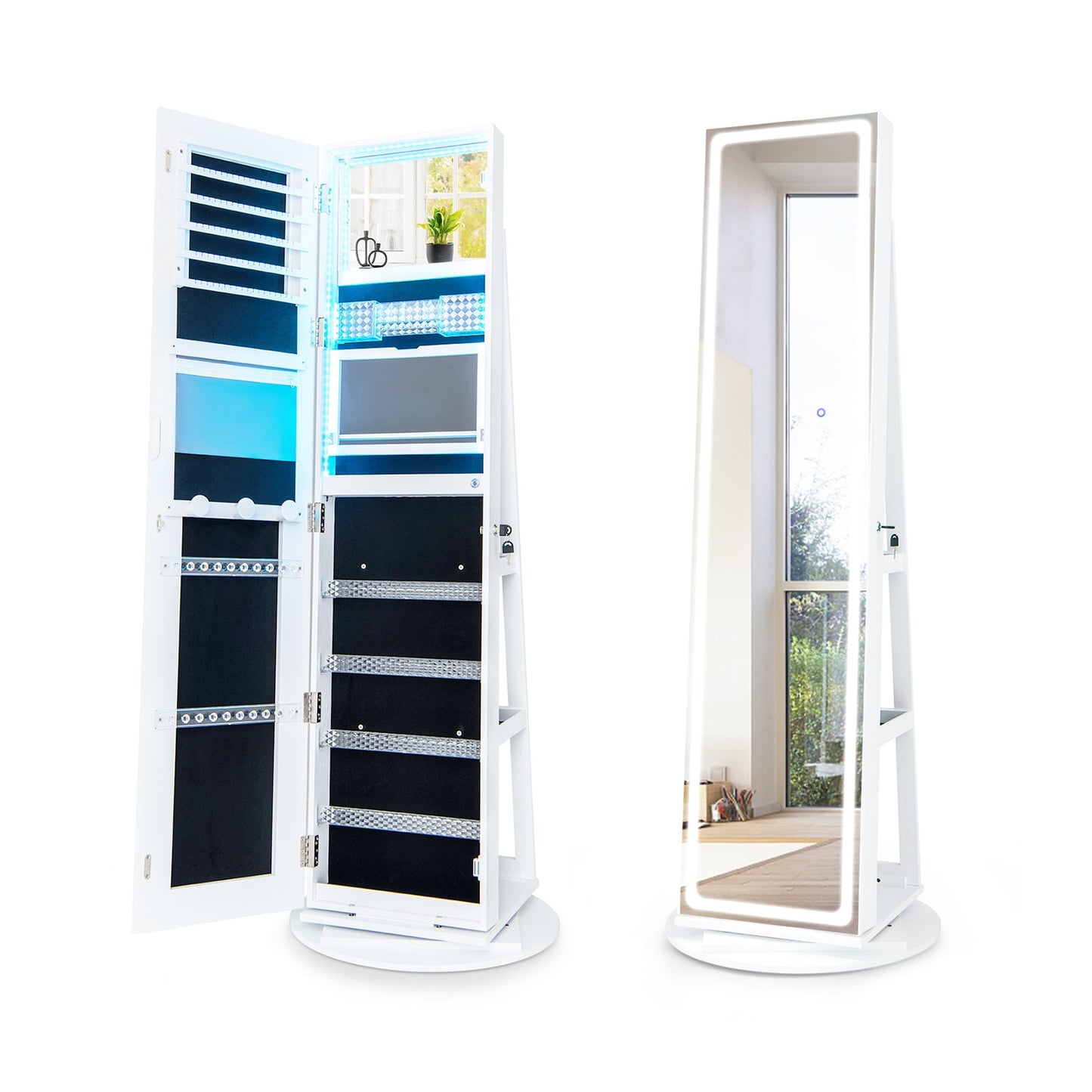 Slickblue Coffee/ White 4-in-1 Standing Jewelry Cabinet with 360Â° Rotating Base LED Mirrors and Shelves â€“ 21.5L x 21.5W x 63H â€“ Bedroom Dorm or Dressing Area