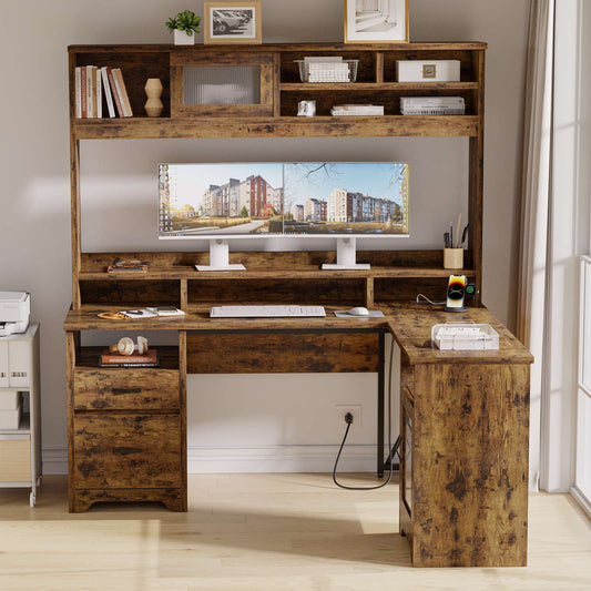 Bestier 62.91-in W Brown Hutch L Shaped Desk with Monitor Stand and Drawers LED Computer Desk with Charging Station and Cabinet  Executive Desk for Home Office