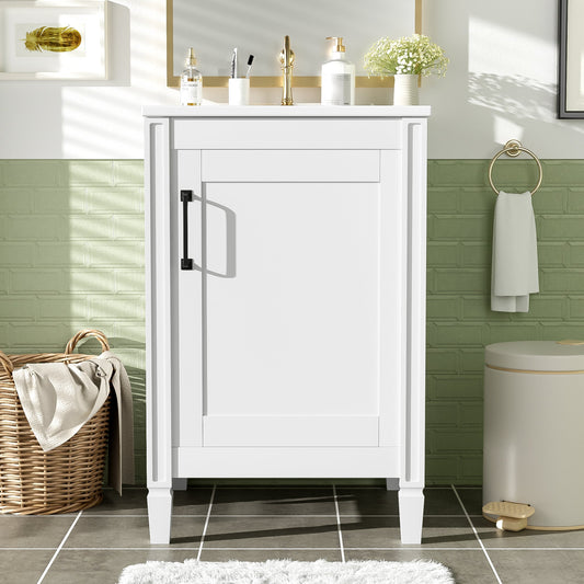 Boyel Living 20 Inch White Bathroom Vanity with Ceramic Sink Soft Close Door Adjustable U Shaped Shelf and Door Storage Rack