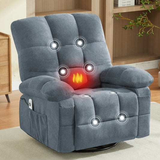 Coolbibila Oversized Blue Massage Swivel Recliner Chair with Vibration Lumbar Heating and USB for Living Room